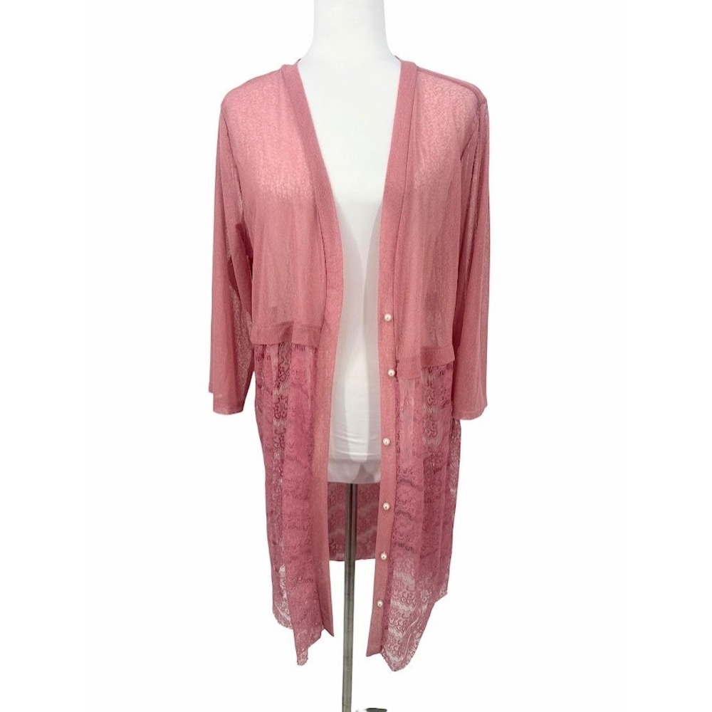 Womens XL Pink Lace Cardigan Sheer Pearl Duster Coquette Romantic Soft Girl